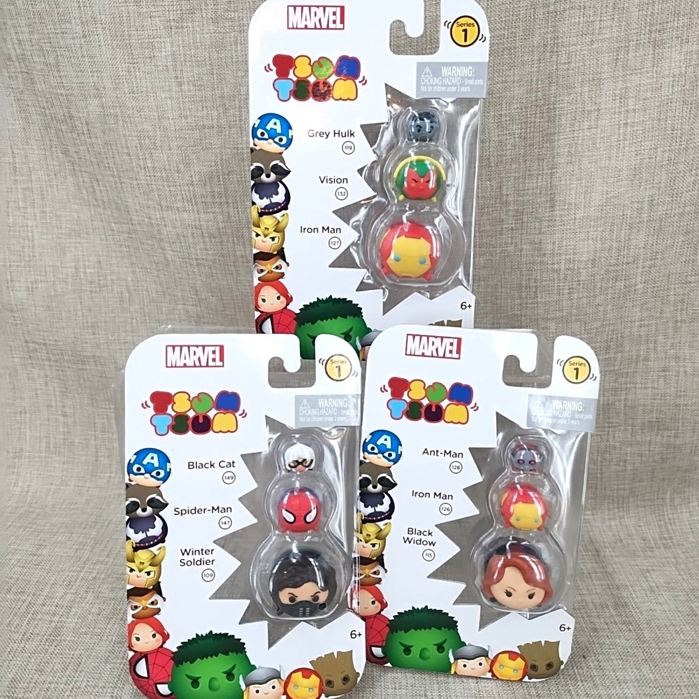 NOS Marvel Tsum Tsum Series 1 3 Pk Black Widow Grey Hulk Vision Spider Set/3 Ex